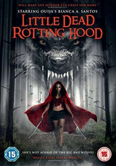 Movie poster for 'Little Dead Rotting Hood' with a wolf and a person in a red cloak.