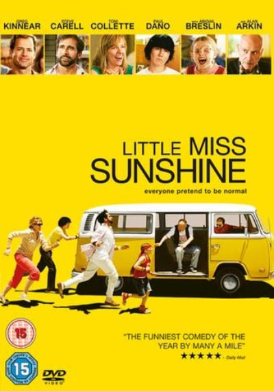 Movie DVD for 'Little Miss Sunshine' with characters around a yellow van on a yellow background. New DVD.