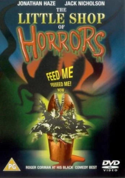 DVD cover of 'The Little Shop of Horrors' with a plant and text on a dark background