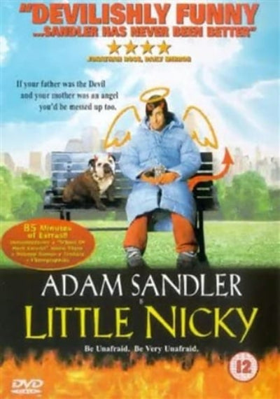DVD cover of 'Little Nicky' featuring Adam Sandler with angel wings and devil horns.