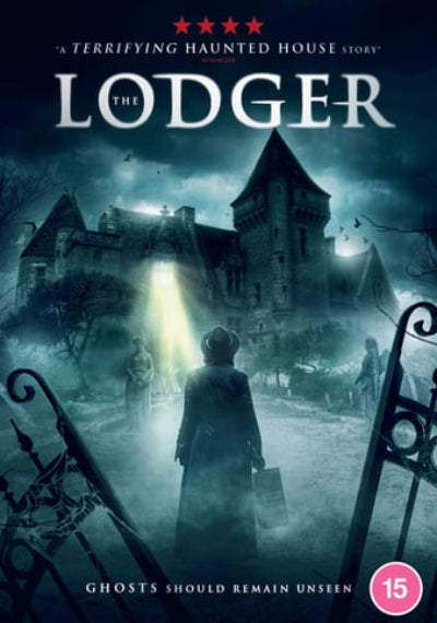 Movie poster for 'The Lodger' with a haunted house and person walking in the fog.