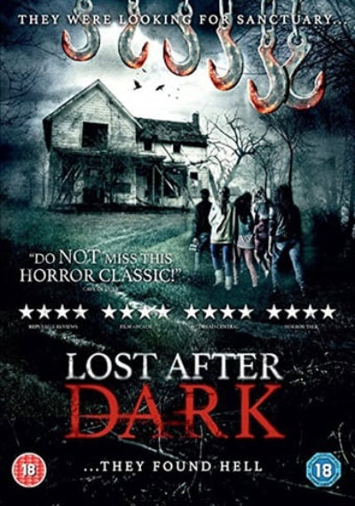Movie poster for 'Lost After Dark' with a haunted house and people walking away.