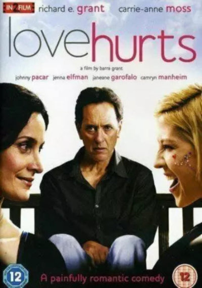 Movie poster for 'Love Hurts' featuring three people on a bench with text about the film.