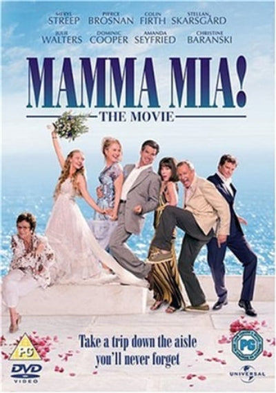 Movie poster for 'Mamma Mia!' featuring a group of people on a beach.