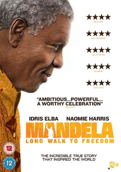 Movie poster for 'Mandela: Long Walk to Freedom' featuring Idris Elba and five-star rating. New VD