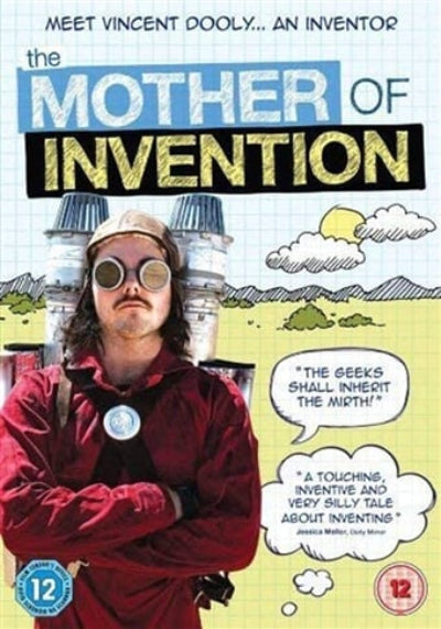 Movie poster for 'The Mother of Invention' featuring a person in a red jacket and goggles with text about the film.