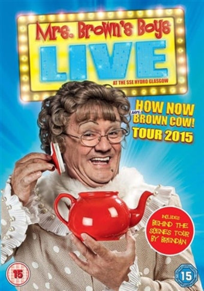 Promotional poster for 'Mrs. Brown's Boys Live' with a character holding a red teapot against a colorful background.