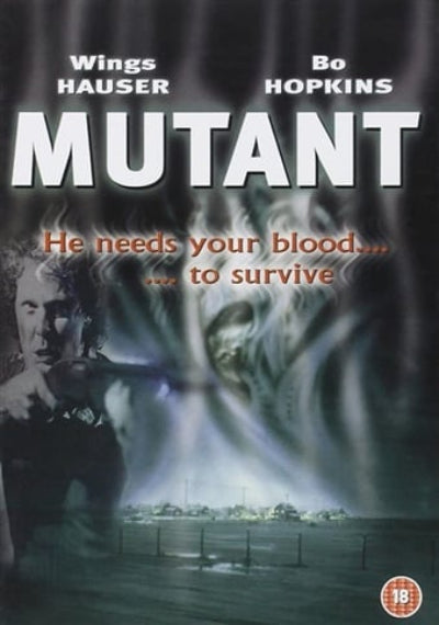 Movie poster for 'Mutant' featuring a dark and eerie scene with text and character images.