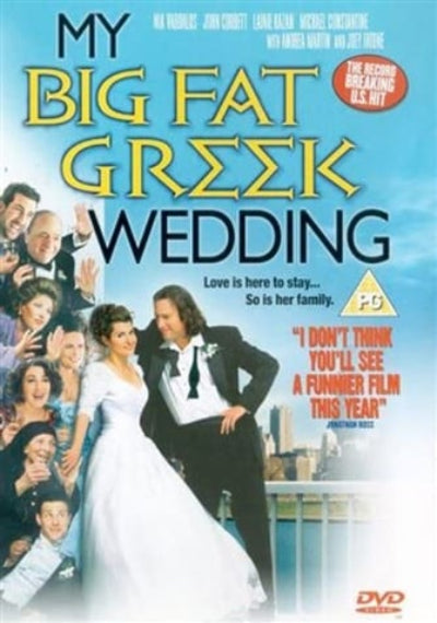DVD cover of 'My Big Fat Greek Wedding' with a couple in wedding attire and a cityscape background.