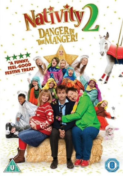 Movie poster for 'Nativity 2: Danger in the Manger!' featuring characters on hay with a star and donkey.