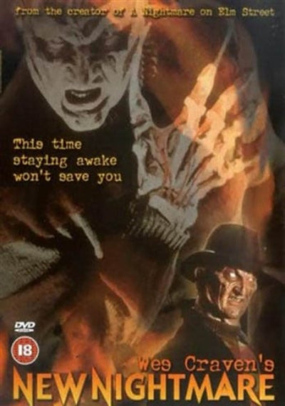 DVD cover of 'New Nightmare' with a horror-themed design featuring a masked figure and text.
