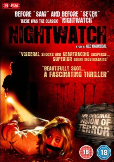 Movie poster for 'Nightwatch' with text and a scene of a person holding a flashlight.