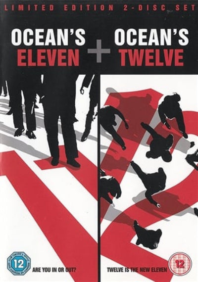 Limited edition 2-disc set of 'Ocean's Eleven' and 'Ocean's Twelve' with silhouettes on a red and white background.