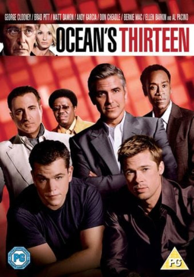 Movie poster for 'Ocean's Thirteen' featuring the main cast against a red background.