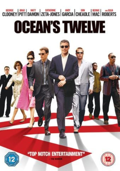 Movie poster for 'Ocean's Twelve' featuring characters in suits on a red carpet.