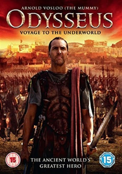 Movie poster for 'Odysseus: Voyage to the Underworld' featuring a warrior with a sword and cityscape in the background.