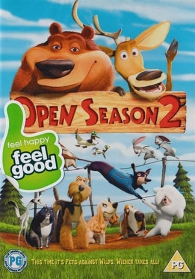 DVD cover of 'Open Season 2' with animated animals and text 'Feel happy, feel good'.