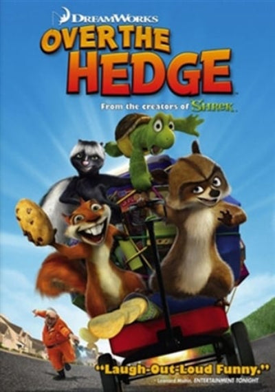 Promotional poster for 'Over the Hedge' with animated characters and DreamWorks logo.