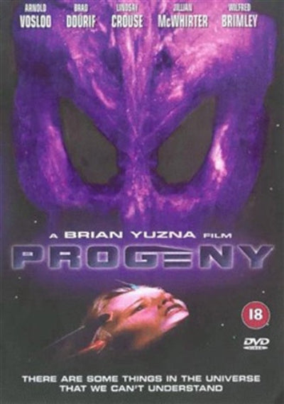 DVD cover of 'Progeny' with a purple alien mask and a woman's face, featuring the director's name Brian Yuzna.