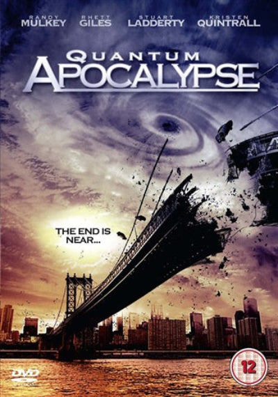 Movie cover art for 'Quantum Apocalypse' showing a dramatic city skyline at sunset with a large ship breaking apart over water, a swirling vortex in the sky, and the title 'Quantum Apocalypse' across the top. Actor names are visible at the top, along with a DVD logo and a 12 rating badge.