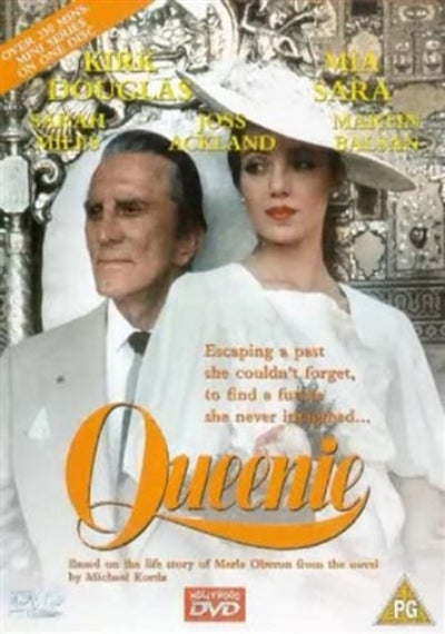DVD cover for the film 'Queenie' featuring Kirk Douglas and Mila Sara in white clothing against an ornate patterned background, with the title 'Queenie' in large orange script and a Hallmark logo at the bottom.