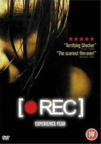 DVD cover for the horror film '[REC] Experience Fear' featuring a dark, grainy close-up of a person's face with long dark hair, glowing yellow light spots, and white title text with a red dot.