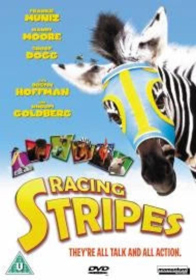 DVD cover for the movie 'Racing Stripes', featuring a close-up of a zebra wearing a yellow and blue racing cap against a light blue background, with the title in large yellow text and cast names at the top.
