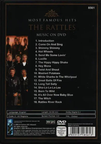 Back cover of a DVD music compilation titled 'The Rattles - Music on DVD', showing tracklist, performer photos, and release details on a black background.