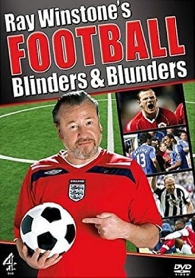 DVD cover for 'Ray Winstone's Football Blinders & Blunders' featuring Ray Winstone in a red England soccer jersey holding a soccer ball, with smaller inset action photos on a green field background.