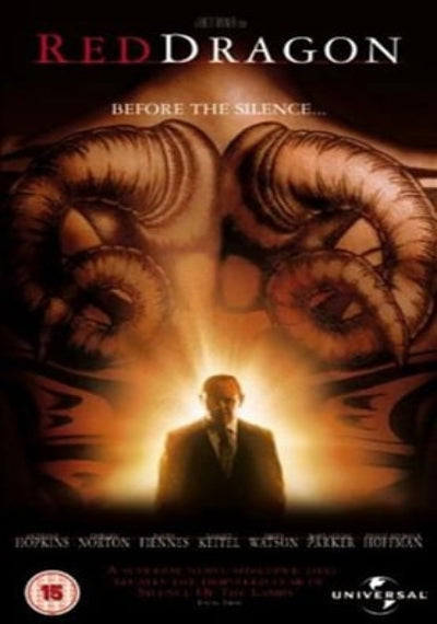 Movie poster for 'Red Dragon' with a man in a suit and ram's head design.