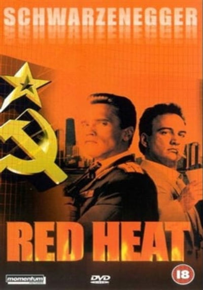 DVD cover for the movie Red Heat starring Arnold Schwarzenegger, featuring a bold orange and yellow design with a large gold hammer and sickle graphic and the title in large orange letters.