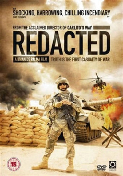 Movie poster for 'Redacted' featuring a soldier and tank with text about war and truth.