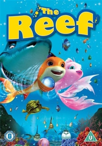 Front cover artwork for the children's television show 'The Reef', featuring animated coral reef fish including a blue shark, an orange fish in a diving suit, and a pink tang, with the title 'The Reef' in large yellow letters over a bright blue underwater scene.