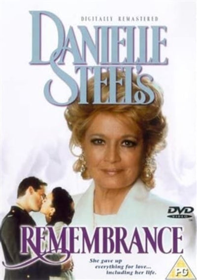 DVD cover for 'Danielle Steel's Remembrance', featuring a portrait of Danielle Steel, a couple embracing in the lower left, and the title in large purple lettering on a white background.