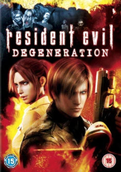 Resident Evil: Degeneration video game cover art featuring Leon Kennedy in the foreground, a female character behind him, and the title text across the top on a fiery red and black background.
