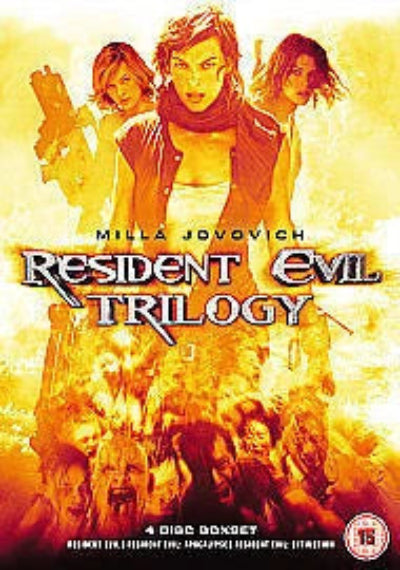 Front cover of the 'Resident Evil Trilogy' 4-disc DVD box set, featuring Milla Jovovich, Edward Burns, and Tessa Thompson in fiery orange and yellow artwork with the title in stylized metallic lettering.