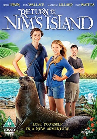 DVD cover for the movie 'Return to Nim's Island' featuring three young men standing on a tropical beach with a large sea lion in the foreground. The title is displayed prominently at the top, with actor names across the top and a DVD Video logo and Universal logo at the bottom.