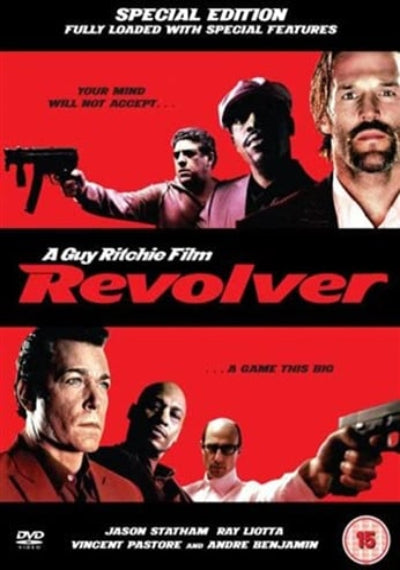DVD cover for the movie 'Revolver' starring Jason Statham, featuring a bold red and black design with multiple character portraits and the title in large red letters.