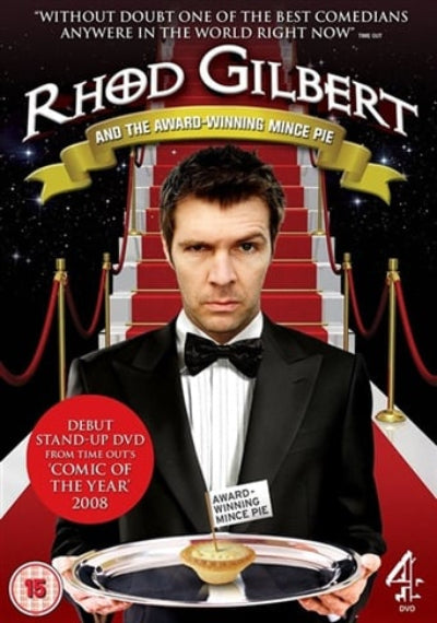 Rhod Gilbert and the Award-Winning Mince Pie DVD cover, featuring Rhod Gilbert in a tuxedo holding a silver platter with a mince pie in front of a red carpet and gold stanchions.