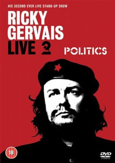 DVD cover for Ricky Gervais's 'Live 2: Politics' stand-up show, featuring a bold red background with white and black typography and a high-contrast black-and-white portrait of the performer wearing a beret.