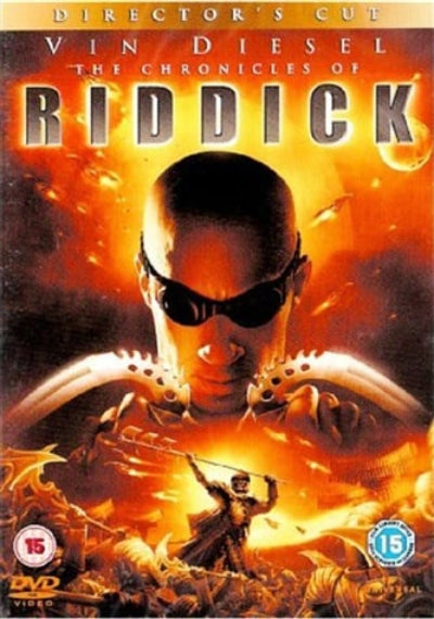 DVD cover for 'The Chronicles of Riddick: Director's Cut' starring Vin Diesel, featuring a fiery orange and yellow space battle scene with a large central figure wearing black sunglasses.