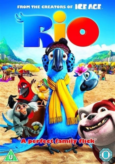 Rio movie poster featuring Blu the blue bird in the centre with a yellow scarf, surrounded by other colourful animated animals on a beach, with the title 'Rio' at the top.