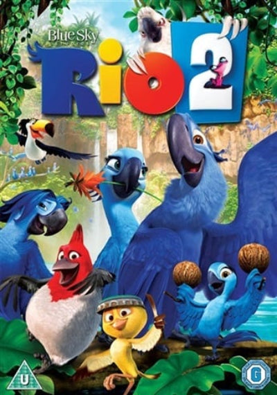 Cover art for the movie Rio 2, featuring animated characters including blue birds, a toucan, a red-and-white bird, and a yellow chick in a tropical jungle setting.