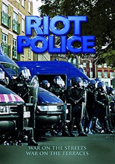 Riot police in formation with vehicles and 'Riot Police' text in blue.