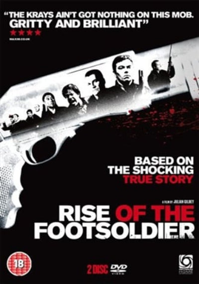 Rise of the Footsoldier 2-disc DVD movie cover featuring a large black-and-white handgun with silhouettes of people along its barrel, red blood splatter, and bold white and red title text on a black background.