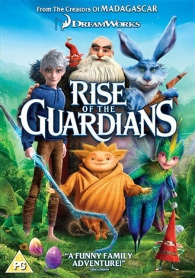 Movie poster for 'Rise of the Guardians' featuring animated characters with a fantasy landscape.