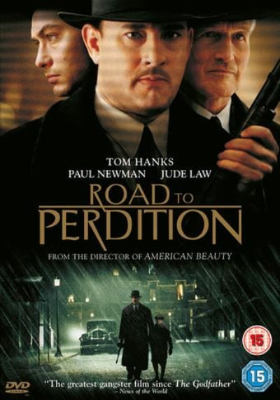 Movie poster for 'Road to Perdition' featuring three men in formal attire with a dark, urban background.