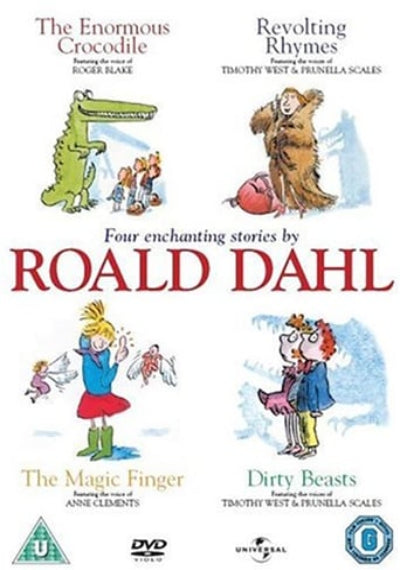 DVD cover for 'The Enormous Crocodile', 'Revolting Rhymes', 'The Magic Finger', and 'Dirty Beasts' by Roald Dahl, featuring four illustrated stories on a white background with DVD and Universal logos at the bottom.