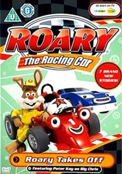 DVD cover for 'Roary The Racing Car' titled 'Roary Takes Off', featuring cartoon rabbit characters in racing cars on a colorful race-track background with a DVD logo at the bottom.