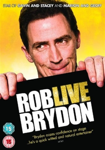Promotional poster for Rob Brydon's 'Rob Live' with a yellow background and text about his performances.